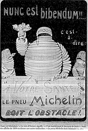 Altes Michelin Blech-Werbeschild mit einem Michelin-Männchen am Esstisch