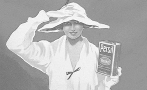 Aäte Persil Werbung. Frau in weißer Kleidung hält eine Packung Persil Waschmittel hoch