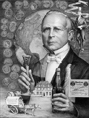 Alte Underberg Werbung. Gentleman hält ein Glas und eine Flasche Underberg ind den Händen.